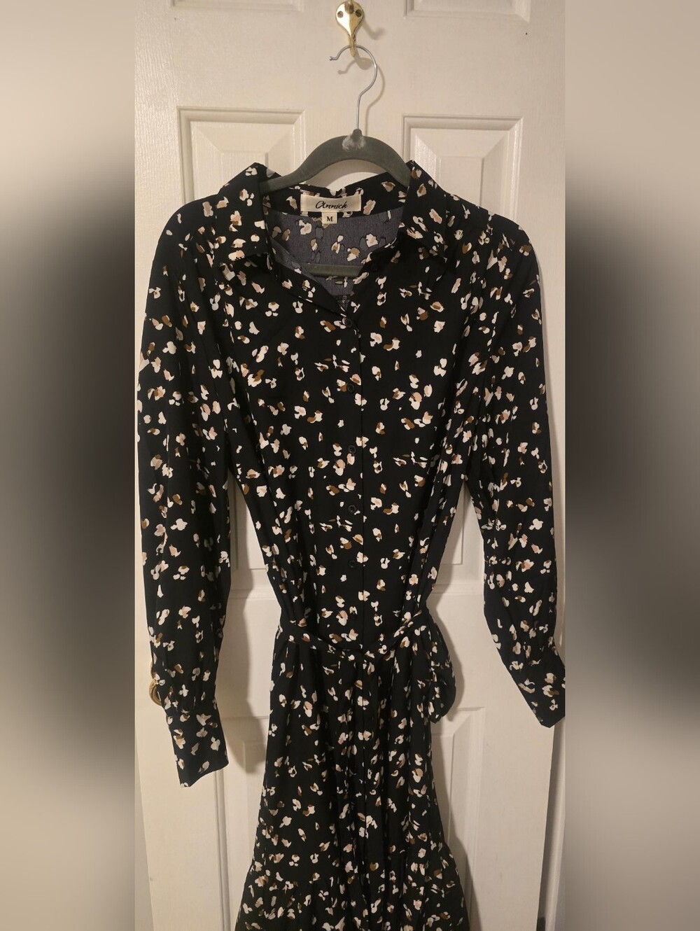 Casual Black Floral Button-Front Long Sleeve Shirt Dress with Tie Waist